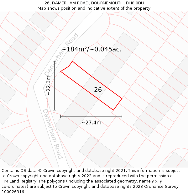 26, DAMERHAM ROAD, BOURNEMOUTH, BH8 0BU: Plot and title map