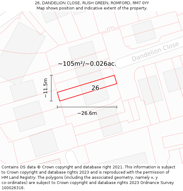 26, DANDELION CLOSE, RUSH GREEN, ROMFORD, RM7 0YY: Plot and title map