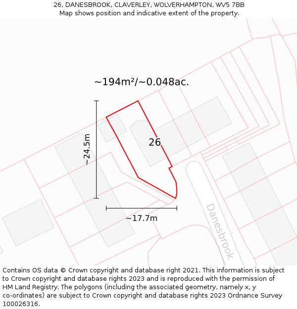 26, DANESBROOK, CLAVERLEY, WOLVERHAMPTON, WV5 7BB: Plot and title map