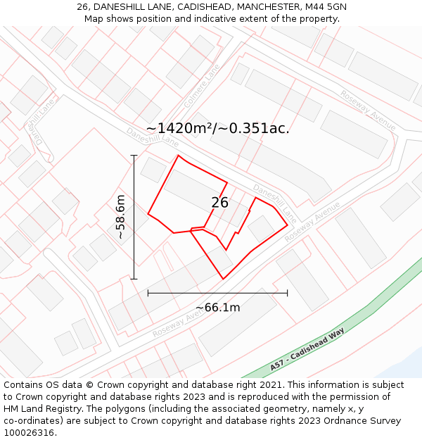 26, DANESHILL LANE, CADISHEAD, MANCHESTER, M44 5GN: Plot and title map