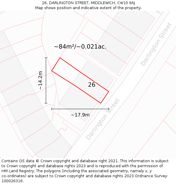 26, DARLINGTON STREET, MIDDLEWICH, CW10 9AJ: Plot and title map