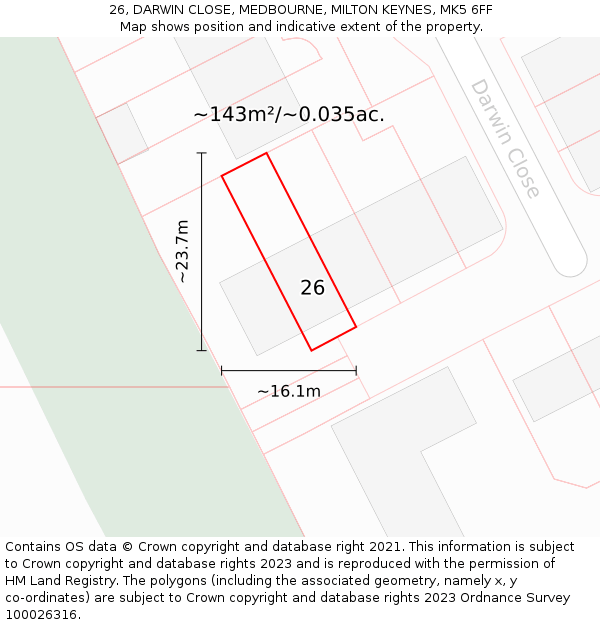 26, DARWIN CLOSE, MEDBOURNE, MILTON KEYNES, MK5 6FF: Plot and title map