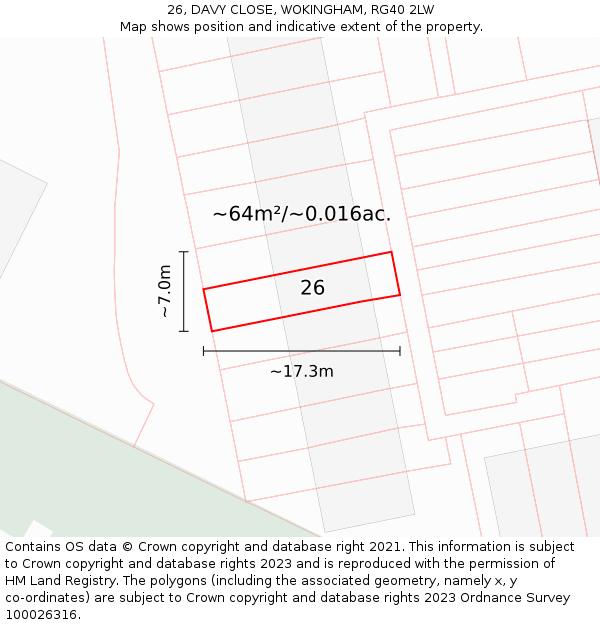 26, DAVY CLOSE, WOKINGHAM, RG40 2LW: Plot and title map