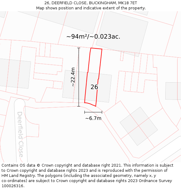 26, DEERFIELD CLOSE, BUCKINGHAM, MK18 7ET: Plot and title map