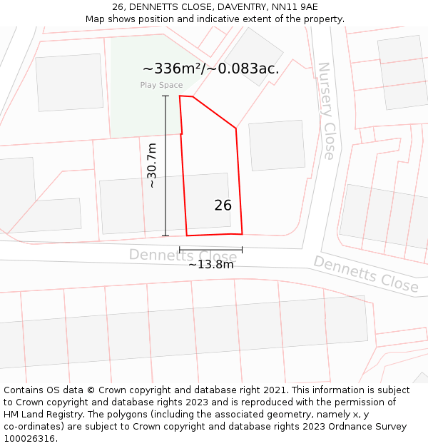 26, DENNETTS CLOSE, DAVENTRY, NN11 9AE: Plot and title map