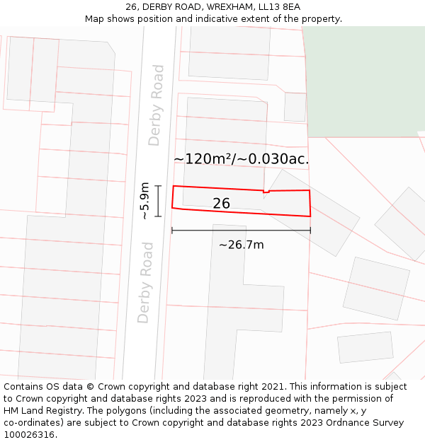 26, DERBY ROAD, WREXHAM, LL13 8EA: Plot and title map