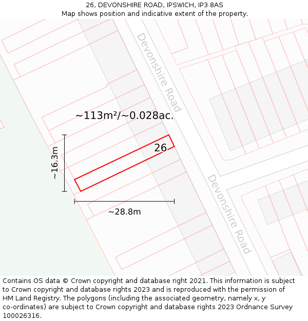 26, DEVONSHIRE ROAD, IPSWICH, IP3 8AS: Plot and title map