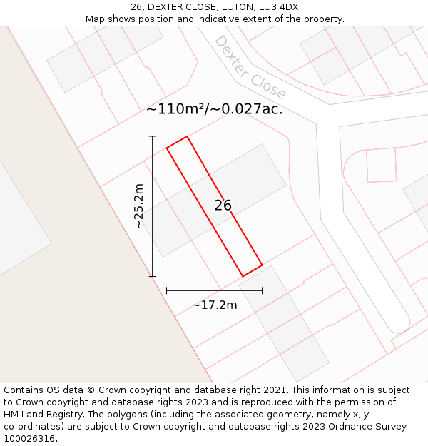 26, DEXTER CLOSE, LUTON, LU3 4DX: Plot and title map