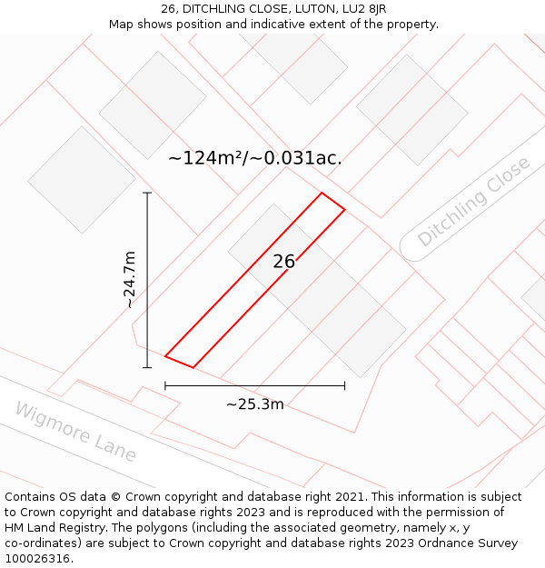 26, DITCHLING CLOSE, LUTON, LU2 8JR: Plot and title map