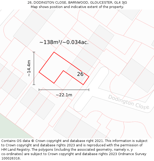 26, DODINGTON CLOSE, BARNWOOD, GLOUCESTER, GL4 3JG: Plot and title map