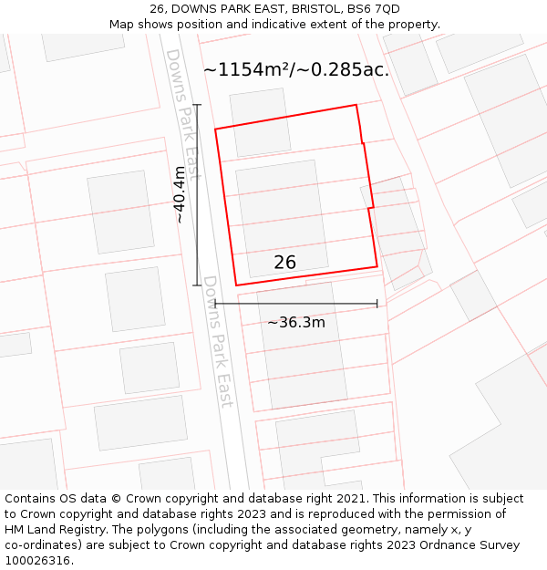 26, DOWNS PARK EAST, BRISTOL, BS6 7QD: Plot and title map