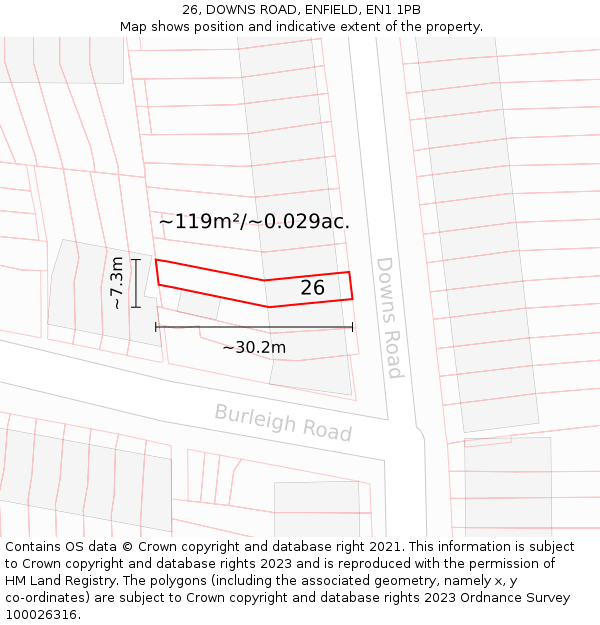 26, DOWNS ROAD, ENFIELD, EN1 1PB: Plot and title map