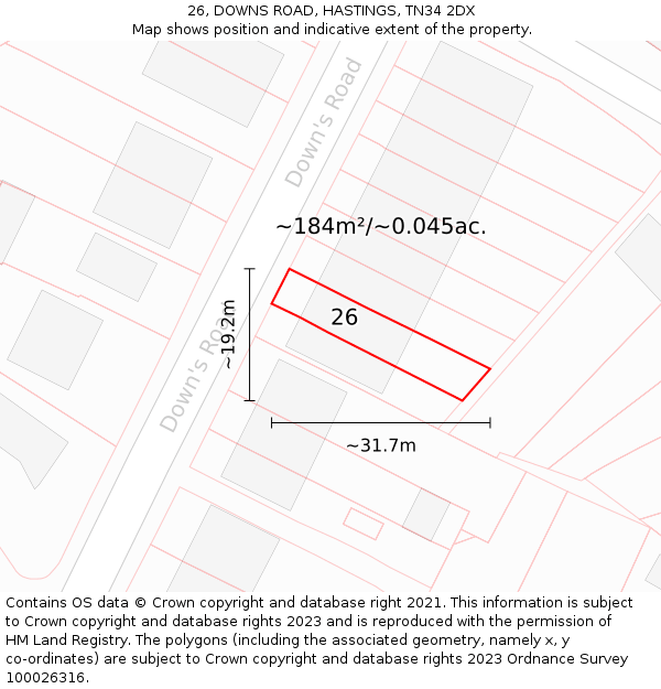 26, DOWNS ROAD, HASTINGS, TN34 2DX: Plot and title map