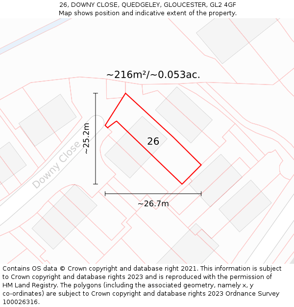 26, DOWNY CLOSE, QUEDGELEY, GLOUCESTER, GL2 4GF: Plot and title map
