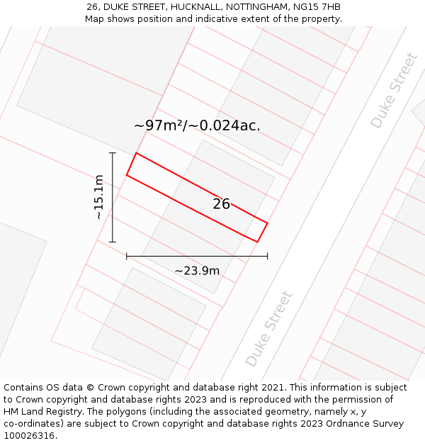 26, DUKE STREET, HUCKNALL, NOTTINGHAM, NG15 7HB: Plot and title map