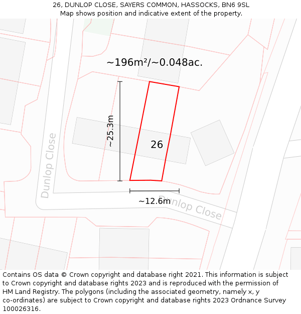 26, DUNLOP CLOSE, SAYERS COMMON, HASSOCKS, BN6 9SL: Plot and title map