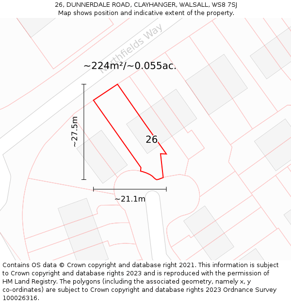 26, DUNNERDALE ROAD, CLAYHANGER, WALSALL, WS8 7SJ: Plot and title map