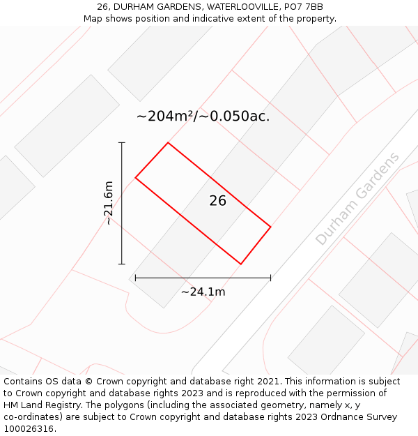 26, DURHAM GARDENS, WATERLOOVILLE, PO7 7BB: Plot and title map