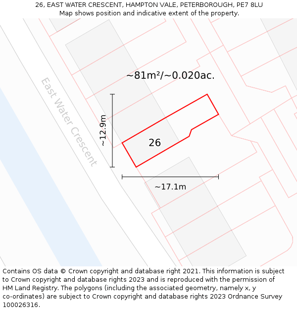 26, EAST WATER CRESCENT, HAMPTON VALE, PETERBOROUGH, PE7 8LU: Plot and title map