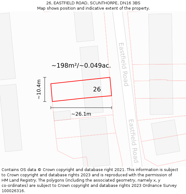 26, EASTFIELD ROAD, SCUNTHORPE, DN16 3BS: Plot and title map
