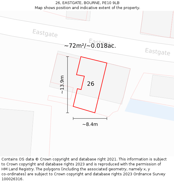 26, EASTGATE, BOURNE, PE10 9LB: Plot and title map