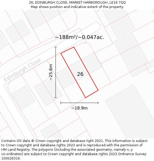 26, EDINBURGH CLOSE, MARKET HARBOROUGH, LE16 7QQ: Plot and title map