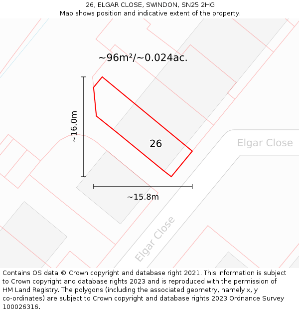 26, ELGAR CLOSE, SWINDON, SN25 2HG: Plot and title map