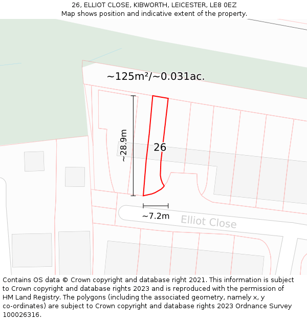 26, ELLIOT CLOSE, KIBWORTH, LEICESTER, LE8 0EZ: Plot and title map