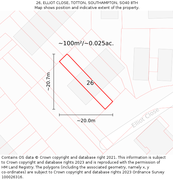 26, ELLIOT CLOSE, TOTTON, SOUTHAMPTON, SO40 8TH: Plot and title map
