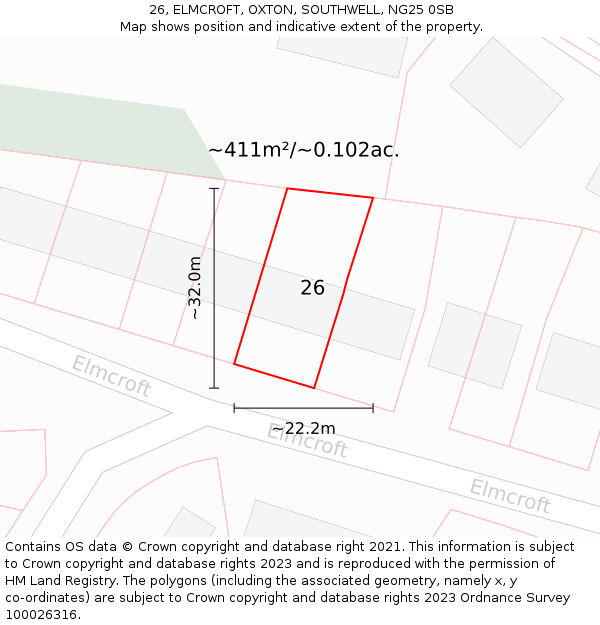 26, ELMCROFT, OXTON, SOUTHWELL, NG25 0SB: Plot and title map