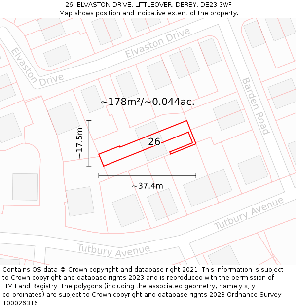 26, ELVASTON DRIVE, LITTLEOVER, DERBY, DE23 3WF: Plot and title map