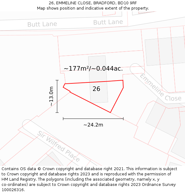 26, EMMELINE CLOSE, BRADFORD, BD10 9RF: Plot and title map