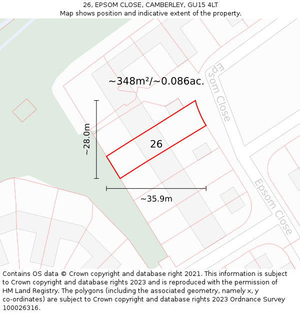 26, EPSOM CLOSE, CAMBERLEY, GU15 4LT: Plot and title map