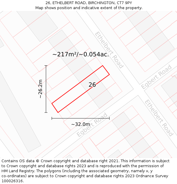 26, ETHELBERT ROAD, BIRCHINGTON, CT7 9PY: Plot and title map