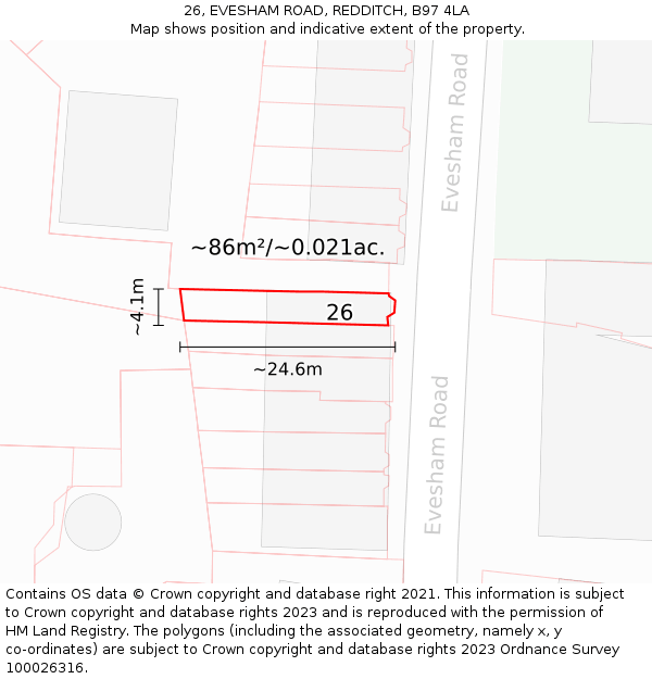26, EVESHAM ROAD, REDDITCH, B97 4LA: Plot and title map