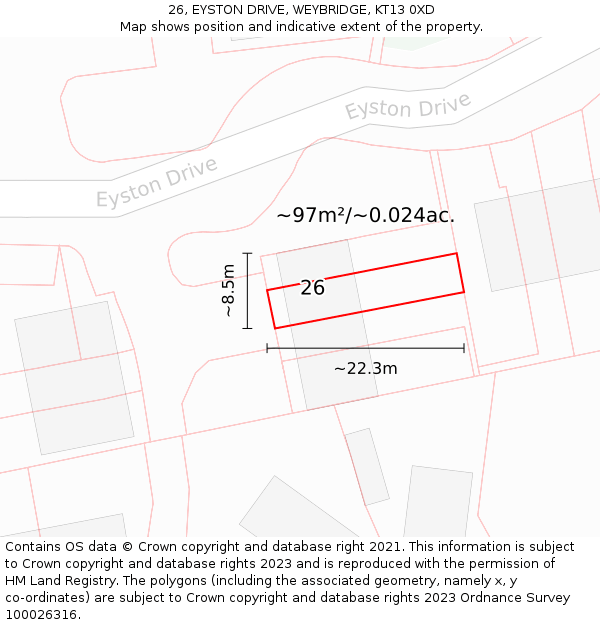 26, EYSTON DRIVE, WEYBRIDGE, KT13 0XD: Plot and title map