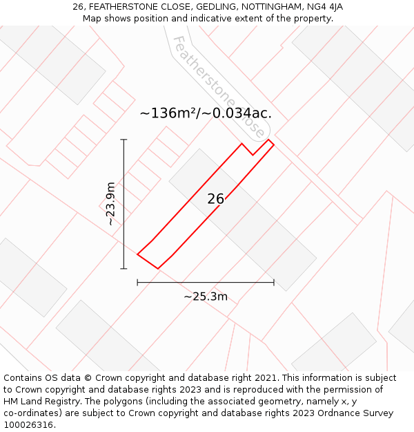 26, FEATHERSTONE CLOSE, GEDLING, NOTTINGHAM, NG4 4JA: Plot and title map