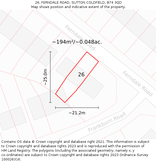 26, FERNDALE ROAD, SUTTON COLDFIELD, B74 3QD: Plot and title map