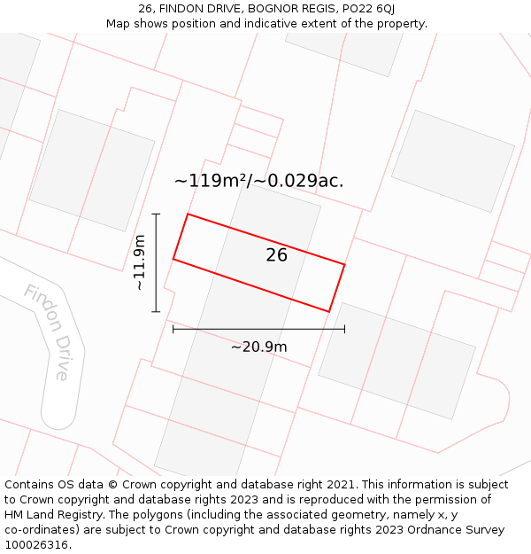 26, FINDON DRIVE, BOGNOR REGIS, PO22 6QJ: Plot and title map