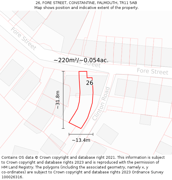 26, FORE STREET, CONSTANTINE, FALMOUTH, TR11 5AB: Plot and title map