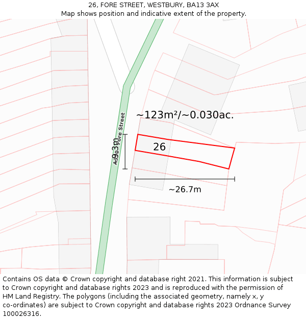 26, FORE STREET, WESTBURY, BA13 3AX: Plot and title map