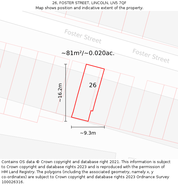26, FOSTER STREET, LINCOLN, LN5 7QF: Plot and title map