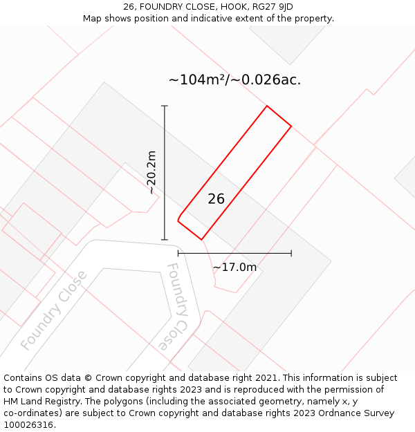 26, FOUNDRY CLOSE, HOOK, RG27 9JD: Plot and title map