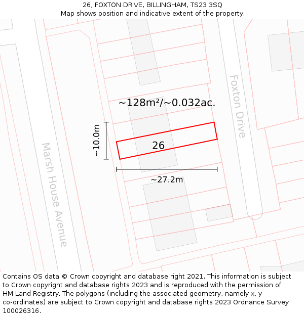 26, FOXTON DRIVE, BILLINGHAM, TS23 3SQ: Plot and title map