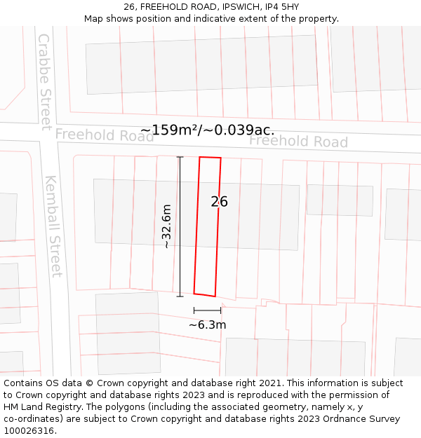 26, FREEHOLD ROAD, IPSWICH, IP4 5HY: Plot and title map