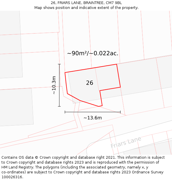 26, FRIARS LANE, BRAINTREE, CM7 9BL: Plot and title map