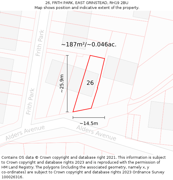 26, FRITH PARK, EAST GRINSTEAD, RH19 2BU: Plot and title map
