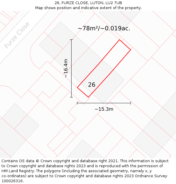 26, FURZE CLOSE, LUTON, LU2 7UB: Plot and title map