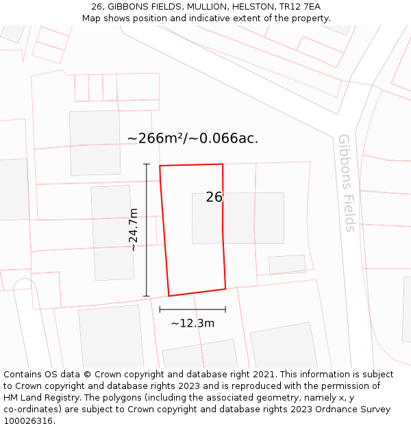 26, GIBBONS FIELDS, MULLION, HELSTON, TR12 7EA: Plot and title map