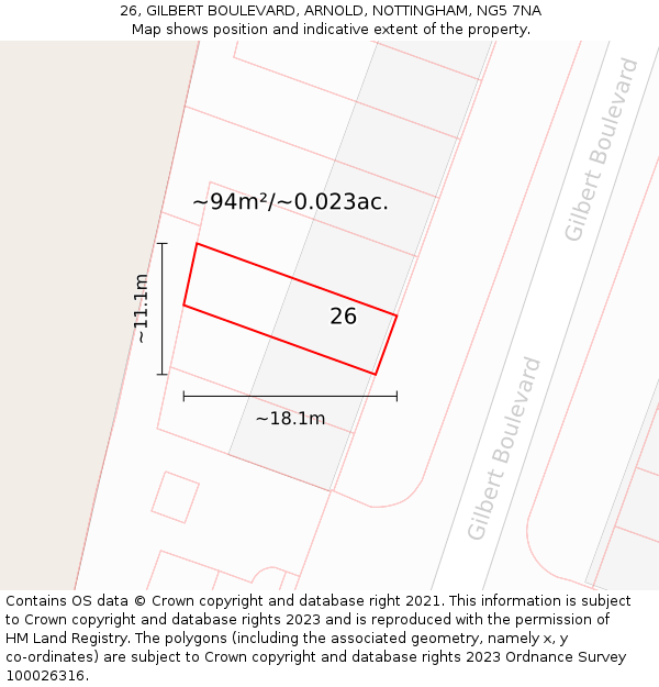 26, GILBERT BOULEVARD, ARNOLD, NOTTINGHAM, NG5 7NA: Plot and title map